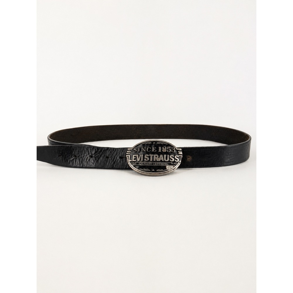 Levi Strauss Belt Mens Medium Black Leather Large Trophy Buckle Western Vintage